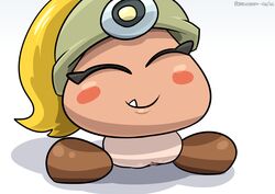 armor blonde_hair blush closed_eyes eyelashes female goomba goombella hair hard_hat hat helmet mario_(series) nintendo paper_mario pokehidden pussy simple_background smile solo teeth video_games white_background