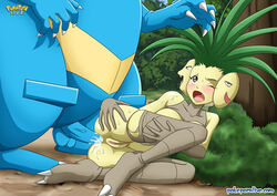 1boy 1girls anal anthro anus ass blush cum cum_inside exeggutor female feraligatr one_eye_closed open_mouth pokemon pokepornlive pussy tagme