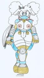 sonic_(series) lanolin_the_sheep ninja ninja_girl ninja_mask kunoichi ninja_headband naked_female naked_gloves naked_boots naked_belt armor_plates fanny_pack collar_only collar_bell tonfa mobian_sheep fluffy_hair big_breasts big_hips blue_eyes white_hair white_fur white_body white_background traditional_drawing_(artwork) marlon64