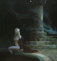 1girls 2020s 2024 a_song_of_ice_and_fire atmospheric bare_shoulders castle closed_mouth dark digital_media_(artwork) female gemstone gown house_targaryen jewelry long_hair long_sleeves looking_down mist moon necklace night nude official_art painting_(artwork) pale_skin partially_clothed pool realistic red_robe reflection robe ruins semi_realistic shiera_seastar silver_hair sitting solo stairs stone_ocean tower valyrian water wet_feet white_hair