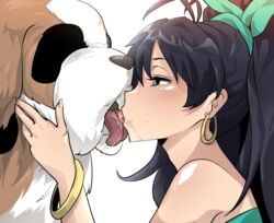 1girls ahoge black_hair blue_eyes blush canine earrings female female_human/male_feral female_kissing_feral feral french_kiss ganaha_hibiki human human_kissing_feral idolmaster idolmaster_(classic) interspecies inumi kissing open_mouth pocari_sweat_(artist) ponytail ribbon tongue_out zoophilia