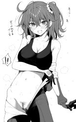 ahoge black_gloves black_shirt bodysuit breasts cleavage command_spell cowboy_shot crop_top daiji_pt fate/grand_order fate_(series) female female_pubic_hair fujimaru_ritsuka_(female) fujimaru_ritsuka_(female)_(chaldea_combat_uniform) gloves hair_ornament hair_scrunchie half_gloves highres looking_at_viewer monochrome no_panties official_alternate_costume one_side_up open_bodysuit open_clothes pubic_hair removing_bodysuit scrunchie shirt smile solo sweat translation_request undressing white_background