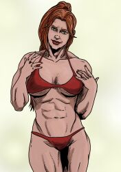 abs amazon artemis_(dc) artemis_of_bana-mighdall belly_button bikini breasts buff dc dc_comics green_eyes groin hips muscular muscular_female navel ponytail red_bikini red_hair thighs turkenjamez underboob wonder_woman_(series)