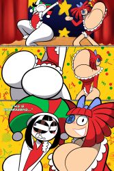 2girls ass ass_bigger_than_head ass_bigger_than_torso ass_shake ass_vs_breasts big_ass big_breasts black_hair bottom_heavy breasts breasts_bigger_than_head breasts_bigger_than_torso bubble_butt busty christmas christmas_outfit cleavage clothing dancing dialogue doll_girl fat_ass female female_only flat_chest flat_chested flat_n_thick hat huge_ass huge_breasts jester_hat large_ass large_breasts massive_ass massive_breasts no_bra oboithisisfunky png pomni_(the_amazing_digital_circus) ragatha_(the_amazing_digital_circus) red_hair shaking_ass stage swinging_breasts text the_amazing_digital_circus thick_ass thick_thighs thunder_thighs top_heavy white_skin wide_hips
