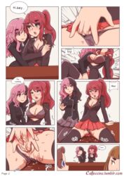 2girls black_hair black_legwear black_panties blazer breasts caffeccino caught caught_in_the_act classroom cleavage clothed comic dialogue english_text female female_orgasm fingering fingering_partner large_breasts long_hair multiple_girls neo_(rwby) orgasm panties_aside pantyhose pink_hair ponytail pussy pussy_juice pyrrha_nikos red_hair rwby school_uniform stealth_sex text thighhighs two-tone_hair unbuttoned yuri