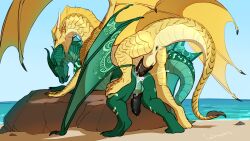 anal balls beach bite bodily_fluids cum cum_in_ass cum_inside dragon duo ear_piercing ear_ring feral feral_on_feral from_behind_position genital_fluids genitals hi_res horn male male/male mythological_creature mythological_scalie mythology neck_bite piercing qibli_(wof) ring_piercing scalie sex spread_wings tail turtle_(wof) wings wings_of_fire wrappedvi