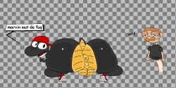 anthro anus ass backsack backwards_hat balls big_butt black_body black_clothing black_shirt black_topwear brooklyn_t_guy_(sml) clothed clothing crouching dialogue dinosaur duggie_(sml) duo facial_hair footwear genitals glistening glistening_anus glistening_balls glistening_butt glistening_genitalia gold_body hat headgear headwear huge_butt human looking_at_another looking_at_butt looking_back male male/male mammal moustache mouth_closed multicolored_body nxyitn open_mouth partially_clothed prehistoric_species presenting presenting_hindquarters puffy_anus pupils puppet red_clothing red_footwear red_hat red_headwear red_shoes reptile scalie scrotum_flap shirt shoes simple_background sml_(youtube) tail talking_to_another teeth text text_box thick_thighs tired topwear underbelly white_sclera x_anus