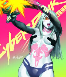 2d cyberpunk:_edgerunners cyberpunk_2077 female female_focus female_only gun guns hands_casting_shadow hourglass_figure khester824 meme rebecca_(edgerunners) tagme topless