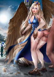 angel_wings animal_humanoid anus ass blonde_hair blue_eyes cleavage clothing dota dota_2 duo feathered_wings female garter_belt garter_straps gloves hair humanoid interspecies large_breasts long_hair male merellyne penis pussy sex shendelzare standing standing_sex straight thighhighs vaginal_penetration vengeful_spirit very_long_hair video_games white_legwear wings