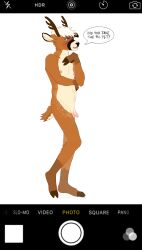 2025 absurd_res animal_humanoid anthro antlers apple_inc. bashful border brown_body brown_fur brown_tail camera_overlay camera_view cellphone countershading deer deer_humanoid dialogue digital_drawing_(artwork) digital_media_(artwork) electronics fingers flaccid fur genitals green_eyes hair hand_on_chest hi_res hooved_fingers hooved_toes hooves horn humanoid humanoid_genitalia humanoid_penis iphone male mammal mammal_humanoid markings nipples nude penis phone piercing pink_nipples shy skunknot smartphone solo speech_bubble spots spotted_body spotted_fur standing tail talking_to_viewer tan_body tan_countershading venny_venado white_body white_fur white_hair