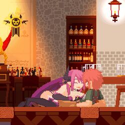 animated bra breasts clothing cum cum_on_breasts demon demon_girl female hair horns male orange_hair outercourse paizuri penis pink_hair pixel_art poring_(artist) sex succubus underwear wings