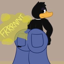 2022 anthro ass avian bird bottomwear bottomwear_only butt_focus cringebird daffy_duck duck fart fart_cloud fart_fetish farting furry hand_on_hip jeans looking_at_viewer looking_back looney_tunes pants tagme the_looney_tunes_show topless