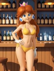 1girls 3d ai ai_assisted ai_generated bar belly_button bikini bikini_bottom bikini_top blue_eyes bottles bottles_background breasts brown_eyebrows brown_hair crown earrings female female_focus female_only flower_shaped_earrings gloves hand_on_hip long_hair looking_at_viewer mario_(series) mario_party_3 navel nintendo pink-crown princess_daisy quinzo11 self_upload smile smiling smiling_at_viewer standing standing_female teeth_visible white_gloves yellow_bikini yellow_bikini_bottom yellow_bikini_top