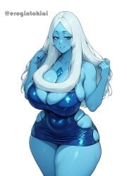 ai_assisted ai_generated blue_body blue_diamond_(steven_universe) blue_dress blue_eyes blue_skin bodycon erogintokiai gem gem_(species) huge_breasts latex_clothing latex_dress massive_breasts milf milf_body minidress miniskirt navel plump_ass plump_breasts plump_thighs sagging_breasts smile smiling_at_viewer steven_universe steven_universe_future stripper_clothes sweat sweating thick_ass thick_body thick_legs thick_thighs tight_clothes tight_clothing tight_fit white_background white_hair whore_dress