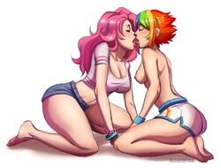 2010s 2018 2girls armband artist_name barefoot big_breasts blue_bottomwear blush bracelet cleavage closed_eyes clothed_female_nude_female deareditor denim_shorts dolphin_shorts duo duo_female equestria_girls eyes_closed female female_only humanized kissing lesbians light-skinned_female light_skin long_hair love medium_breasts midriff mild_tomboy multicolored_bottomwear multicolored_hair multiple_girls my_little_pony on_knees partially_clothed_female partially_nude pink_hair pink_topwear pinkie_pie_(mlp) rainbow_dash_(mlp) rainbow_hair shadows short_hair shorts side_slit side_view sideboob simple_background sitting_on_knees straight_hair strong_tomboy_(spectrum) t-shirt teenage_girls teenagers thick_thighs thighs tomboy tomboys topless topless_female watermark wavy_hair western_art western_cartoon white_background yuri