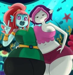 2_fingers 2girls akila_theoris animal_humanoid aquarium areola_slip big_boobs big_breasts black_eyes blue_skin boobs bravest_warriors breast_frottage breast_to_breast cartoon_hangover cleopatra_in_space clothed clothing crossover dreamworks duo female fish hand_on_hip humanoid looking_at_viewer marine marine_humanoid merfolk ota_(artist) pink_hair pink_sclera plum_(bravest_warriors) ponytail purple_eyes purple_hair short_hair short_hair_female thick_lips thick_thighs vevosonian white_skin wide_hips