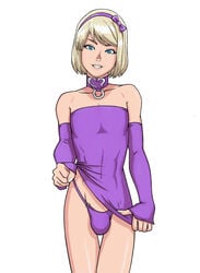 1boy 1femboy androgynous balls_in_panties bimbo blonde_hair blue_eyes bob_cut bulge choker crossdressing dress dress_lift ethan_(tekuho) femboy feminine_male girly male male_only original panties penis_in_panties penis_under_dress short_hair solo standing tekuho trap