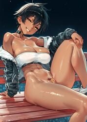 1girls abs bare_breasts bare_legs bare_shoulders bare_thighs big_breasts black_hair blush breasts choker clothed clothing dark-skinned_female dark_skin earring exposed_breasts female female_focus female_only fit_female hi_res jacket kurobe_natsumi_(shiromanta) large_breasts looking_at_viewer muscles muscular muscular_female my_senpai_is_annoying natsumi_kurobe nipples no_ai no_bra removing_jacket senpai_ga_uzai_kouhai_no_hanashi short_hair sitting solo solo_female sweat tagme thick_thighs tomboy wide_hips xxnikichenxx yellow_eyes