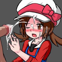 1girls blush bow brown_eyes cum cum_on_clothes cum_on_hair ejaculation erection facial female flat_chest furanshisu grey_background hand_up hat hat_bow human long_sleeves lyra_(pokemon) nose_blush one_eye_closed open_mouth orgasm overalls penis pokemon pokemon_hgss red_bow red_shirt shirt solo_focus straight textless tied_hair twintails uncensored upper_body white_hat