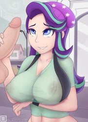 1boy 1girls areolae breasts burstfire cleavage curvy equestria_girls erect_nipples erection female friendship_is_magic huge_breasts imminent_oral in_public large_penis male my_little_pony nipples no_bra penis precum see-through see-through_clothing see-through_top starlight_glimmer straight testicles