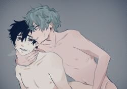 2boys alien_stage black_eyes black_hair blue_eyes fang gray_hair implied_anal ivan_(alien_stage) male male_only nude sweat tagme till_(alien_stage)