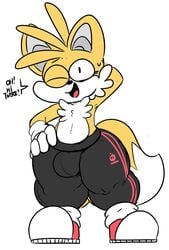 1boy anthro arm_behind_head big_ass big_butt big_hips bulge colored elchilenito femboy fox frills hand_on_hip hyper_hips hyper_thighs male male_only sega solo solo_male sonic_(series) sonic_team sweatpants tails topless voluptuous yoga_pants