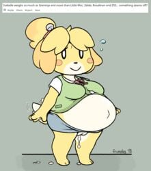 2018 animal_crossing artist_name bodily_fluids breasts cum cum_belly cum_in_pussy cum_inflated_belly cum_inflation cum_inside cum_leak cum_leaking cum_leaking_out_of_pussy cumflated_belly cumflation frumples inflation isabelle_(animal_crossing) motion_lines nintendo pregnant pussy semen tail tail_wagging wagging wagging_tail