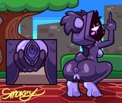 5_fingers animal_ears anthro anus ass bear big_butt blush bottomless breasts claws clitoris clothed clothing crouching epic_games eye_scar facial_scar feet female female_focus fingers foot_fetish fortnite fur genitals gesture glistening glistening_body glistening_butt glistening_genitalia glistening_pussy grass hair hand_gesture hi_res hoodie hoodie_only humanoid_genitalia humanoid_pussy looking_at_viewer looking_back mammal middle_finger multicolored_body multicolored_fur nude plant plump_labia presenting presenting_pussy public public_exposure public_nudity puffy_anus purple_body purple_fur pussy raven_team_leader scar shadow_face side_boob smile smokey_the_menish smug solo spread_pussy spreading thick_thighs topwear topwear_only tree