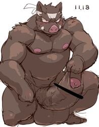 anthro balls big_balls blush boar censor_bar humanoid_penis hyper hyper_penis long_foreskin male male_only mammal penis porcine precum slightly_chubby solo tsukigata_rossi uncut