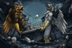 5_fingers abs aircraft aircraft_carrier anthro avian balls beak bird bodily_fluids carpo claws corvidius_(character) cum cumshot destruction duo ejaculation erection extreme_size_difference falcon falconid feathered_wings feathers finger_claws fingers fur genital_fluids genitals gryphon helicopter humanoid_genitalia humanoid_penis macro macro_anthro macro_male male male/male male_penetrating muscular muscular_anthro muscular_male mythological_avian mythological_creature mythology night nommz nude open_mouth orgasm orgasm_face outside pecs penetration penile penis pyronite(commissioner) rampage sea ship size_difference sky tail vehicle vehicle_destruction vehicle_penetrated warship water watercraft wings