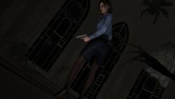 3d ass brown_hair dark_image female female_only fully_clothed juli_kidman looking_back pistol skirt solo stockings the_evil_within weebstank