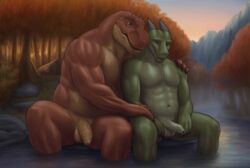 abs anthro balls dinosaur dragon flaccid forest half-erect humanoid_penis male melee_weapon muscular muscular_male navel noodlewd nude outside pecs penis river scalie sword tent tree uncut unretracted_foreskin vein water weapon wet yaoi