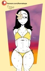 1girls 2d 2d_(artwork) 2d_artwork artist_name big_thighs breasts coral_glasses digital_art digital_drawing_(artwork) digital_media digital_media_(artwork) ena_(series) female glasses golden_bikini nervous ramakopa_(artist) slim small_breasts sweat white_skin