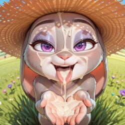 ai_generated breasts cum cum_in_hands cum_in_mouth cum_on_face cupping_hands excessive_cum female furry furry_female judy_hopps pdbai shortstack small_breasts tagme zootopia