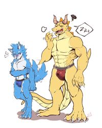 anthro bulge canine clothing dragon drakonika123 duo jockstrap kemono male mammal muscular muscular_male open_mouth penis_outline scalie size_difference underwear yaoi yawn