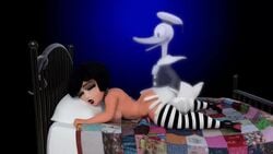 1boy 1girls 3d 3d_(artwork) animated bed bedroom_sex black_hair disney donald_duck duck eyes_closed from_behind_position ghost high_heels joel3d mouth_open mp4 naked nipples no_sound sex short_hair thighhighs video