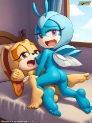 2girls anthro anus ass barefoot bbmbbf bed breasts cream_the_rabbit cub feet female female/female female_only jewel_the_beetle looking_at_viewer mobian_(species) mobius_unleashed nipples nude open_mouth palcomix pillow pussy pussy_juice sega sex sonic_(series) sonic_the_hedgehog_(series) tongue tribadism young yuri