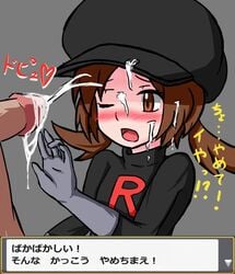 1boy 1girls black_hat black_shirt blush brown_eyes cum cum_on_clothes cum_on_hair ejaculation erection facial female flat_chest furanshisu gloves grey_background grey_gloves hand_up hat heart hud human japanese_text long_sleeves lyra_(pokemon) nose_blush one_eye_closed open_mouth orgasm penis pokemon pokemon_hgss shirt simple_background solo_focus straight talking team_rocket team_rocket_grunt_(cosplay) text text_focus tied_hair translation_request twintails uncensored upper_body