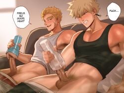 2boys bara blonde_hair dick duo erection fleshlight foreskin gay hair half hawks_(my_hero_academia) holding katsuki_bakugou lift male male/male my_hero_academia naked nipples only penis precum pubic public shirt sombre_slahc thighs uncircumcised uncut underwear yaoi younger