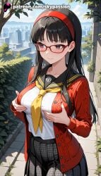 1girls 2025 ai_assisted ai_generated amagi_yukiko anime artist_name bamboo bamboo_forest bangs big_breasts big_breasts big_breasts big_chest black_hair black_skirt blue_sky blush branch breast breast_lift breasts breasts breasts brick brick_wall building bush bust busty cactus cardigan chest christmas_tree city cloud day explicit female fence flower_pot foliage garden glasses grabbing_own_breast grass groping hi_res high_quality high_resolution highres jungle ladybug lamppost large_breasts leaf long_hair neckerchief open_cardigan outdoors overgrown palm_leaf palm_tree park patreon patreon_username persona persona_4 pine_tree plant pleated_skirt potted_plant red-framed_eyewear road sailor_collar school_uniform serafuku skirt sky skypassion solo spring_onion stable_diffusion stone_lantern street tanzaku tree vegetable vines watering_can watermark wooden_fence yellow_neckerchief