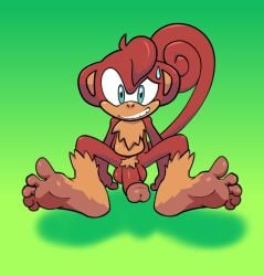 1boy anthro balls barefoot blue_eyes bodily_fluids feet foot_fetish foot_focus fur genitals hair haplorhine humanoid_feet humanoid_genitalia humanoid_penis idw_publishing looking_at_viewer male male_only mammal monkey nervous nervous_grin nervous_sweat nude on_ground penis plantigrade presenting presenting_penis primate pubes rakkan red_body red_hair sega smile soles solo sonic_(series) sonic_the_hedgehog_(comics) sonic_the_hedgehog_(idw) sonic_the_hedgehog_(series) spread_legs spreading sweat tail tan_body tan_fur tan_skin teeth toes unnamed_character