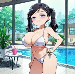 ai_generated bikini black_hair blue_eyes eyeshadow huge_breasts looking_at_viewer makeup oppai pool poolside shortstack stable_diffusion twintails white_bikini