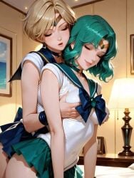ai_generated animated ass bishoujo_senshi_sailor_moon blonde-haired_female blue_eyes breasts earring green_eyes green_hair haruka_tenou hipponova kiss michiru_kaiou navel nipples sailor_neptune sailor_uranus schoolgirl_uniform shirt_lift short_hair tiara video yuri
