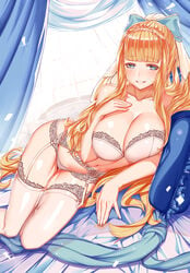 bangs bare_shoulders blonde_hair blue_hair blush bow bra breasts charlotte_(bridal)_(fire_emblem) charlotte_(fire_emblem) cleavage condom esg_(essagna) female fire_emblem fire_emblem_fates fire_emblem_heroes garter_belt garter_straps hairbow large_breasts lingerie long_hair lying on_side panties smile solo thighhighs underwear underwear_only veil very_long_hair white_bra white_legwear white_panties