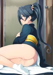 ass black_hair black_kimono blush closed_mouth door female grey_eyes hataraku_maou-sama! japanese_clothes kamazuki_suzuno kimono long_hair long_sleeves looking_at_viewer looking_back no_panties pussy pussy_juice shin'ya_(shin'yanchi) side_ponytail socks solo white_socks