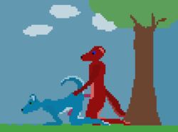 2018 ambiguous_species anal anal_sex animated anthro anthro_on_anthro ass blue_eyes blue_fur breath cloud duo erection from_behind_position fur loop male nios nude outside penetration penis pixel_art red_fur sex side_view tree yaoi