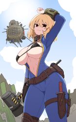 belt bikini_top blonde_hair bra breasts clothing computer electronics explosive_collar fallout female human large_breasts looking_at_viewer open_clothes pale_skin robot swimwear vault_dweller vault_girl vault_meat vault_suit weapon