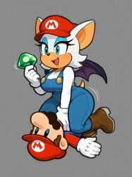 1boy 5_fingers ai_generated anthro_on_human anthropomorphic bat bat_wings blue_eyes blue_eyeshadow blue_overalls boots brown_boots brown_hair clothed cowgirl_position crossover eyelashes female gloves gray_background green_mushroom human long_sleeves male mario mario_(cosplay) mario_(series) mario_cap mario_hat moustache mushroom overalls pixai rouge_the_bat shirt short_male sonic_(series) tall_girl teal_eyes white_fur white_gloves white_shirt