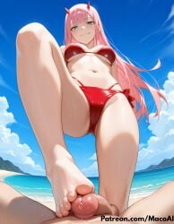 1boy 1boy1girl 1girls ai_generated beach belly belly_button below_view bikini darling_in_the_franxx dominant dominant_female feet femdom foot_fetish footjob green_eyes looking_at_viewer macoai makeup ocean outdoors penis pink_hair pov pov_male precum red_bikini sand sideboob sky smiling standing stepped_on stepping_on_penis stomach teasing teasing_viewer thighs underboob zero_two_(darling_in_the_franxx)