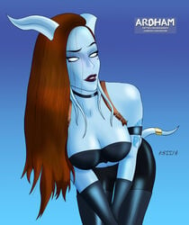 ardham armor big_breasts blue_skin breasts draenei female horn horns kassia pinup tail tattoo warcraft world_of_warcraft